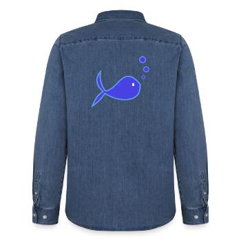 SURF. POISSON. PLAGE. MER. OCEAN. HUMOUR. VACANCES - Chemise en denim homme bio Stanley/Stella - bleu moyen délavé  - Dos - AI Model Male 185 light (185cm)