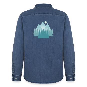 Astral mountain landscape in blue tones - Men’s Organic Denim Shirt by Stanley/Stella - mid washy  - Back - AI Model Male 185 light (185cm)