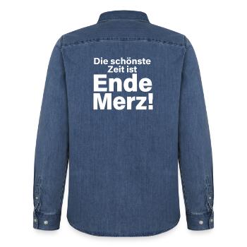 Ende Merz Typo Statement - Männer Jeanshemd Organic von Stanley/Stella - verwaschenes Mittelblau  - Hinten - AI Model Male 185 light (185cm)