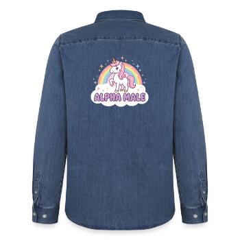 Chemise drôle de licorne pour les fans d’humour - Chemise en denim homme bio Stanley/Stella - bleu moyen délavé  - Dos - AI Model Male 185 light (185cm)