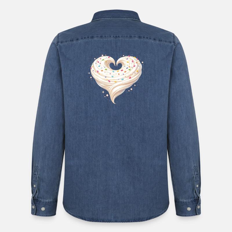 Flødehjerte bagesødt design - Stanley/Stella herre denimskjorte økologisk - afbleget mellemblå 