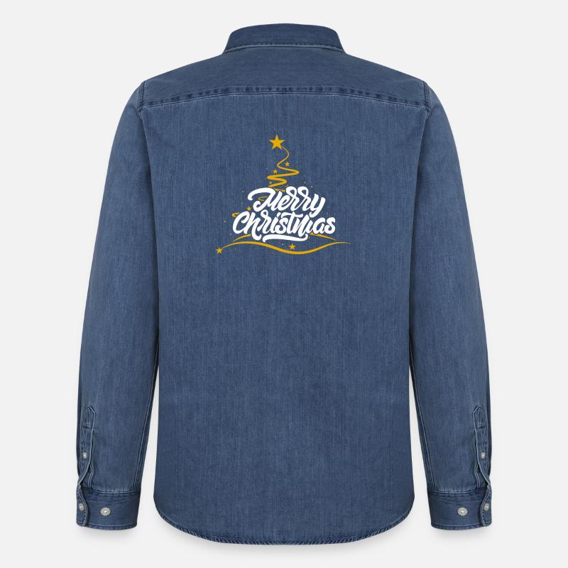 Merry Christmas Script Tree - Men’s Organic Denim Shirt by Stanley/Stella - mid washy