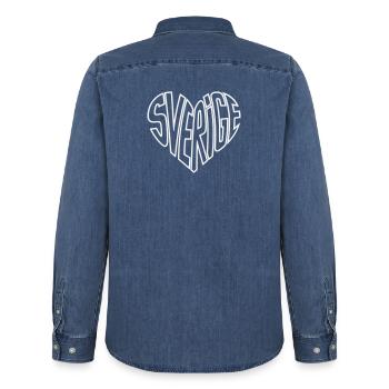 Sverige Heart Typo Swedish Love - Men’s Organic Denim Shirt by Stanley/Stella - mid washy  - Back - AI Model Male 185 light (185cm)