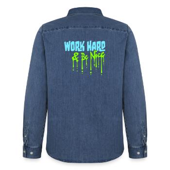 Work Hard Be Nice Motivation Positive Spirit Quote - Men’s Organic Denim Shirt by Stanley/Stella - mid washy  - Back - AI Model Male 185 light (185cm)