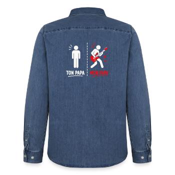 Ton Papa vs Mon Papa: Attitude Guitare - Chemise en denim homme bio Stanley/Stella - bleu moyen délavé  - Dos - AI Model Male 185 light (185cm)