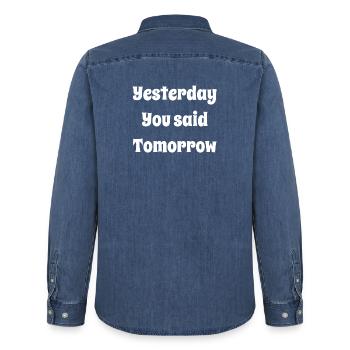 Yesterday You Said Tomorrow - Men’s Organic Denim Shirt by Stanley/Stella - mid washy  - Back - AI Model Male 185 light (185cm)