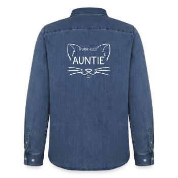 Purr-fekt Tante Katze Tee - Männer Jeanshemd Organic von Stanley/Stella - verwaschenes Mittelblau  - Hinten - AI Model Male 185 light (185cm)
