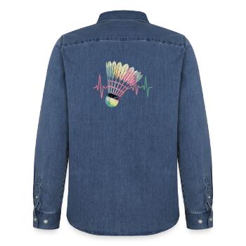 Badminton Heartbeat Colorful Shuttlecock Pulse For - Men’s Organic Denim Shirt by Stanley/Stella - mid washy  - Back - AI Model Male 185 light (185cm)
