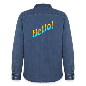 Hello! - Men’s Organic Denim Shirt by Stanley/Stella - mid washy  - Back - AI Model Male 185 light (185cm)