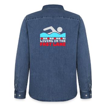 Life In The Fast Lane Float Funny Pool Saying - Men’s Organic Denim Shirt by Stanley/Stella - mid washy  - Back - AI Model Male 185 light (185cm)