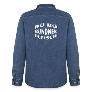 Bündnerfleisch - Kultspruch Schweiz - Männer Jeanshemd Organic von Stanley/Stella - verwaschenes Mittelblau  - Hinten - AI Model Male 185 light (185cm)