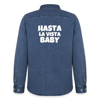 hasta la vista baby, film, cinéma - Chemise en denim homme bio Stanley/Stella - bleu moyen délavé  - Dos - AI Model Male 185 light (185cm)