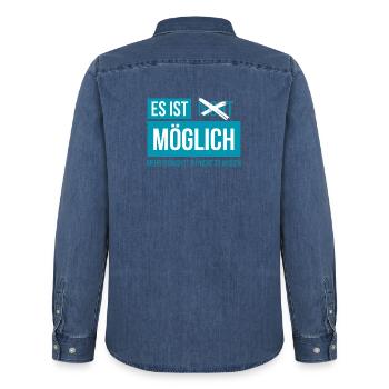 Es ist Möglich, mehr musst du nicht wissen - Männer Jeanshemd Organic von Stanley/Stella - verwaschenes Mittelblau  - Hinten - AI Model Male 185 light (185cm)