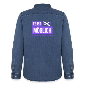 Es ist Möglich, mehr musst du nicht wissen - Männer Jeanshemd Organic von Stanley/Stella - verwaschenes Mittelblau  - Hinten - AI Model Male 185 light (185cm)