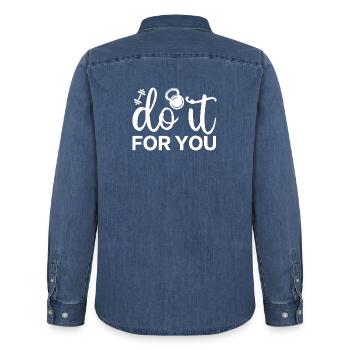 Motivational Fitness Script with Kettlebell Icon - Men’s Organic Denim Shirt by Stanley/Stella - mid washy  - Back - AI Model Male 185 light (185cm)