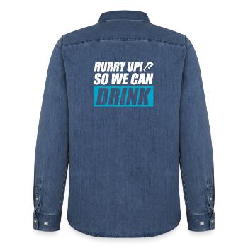 So we can drink funny running jogging runner - Men’s Organic Denim Shirt by Stanley/Stella - mid washy  - Back - AI Model Male 185 light (185cm)