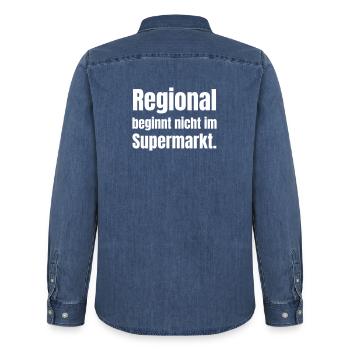Regionality instead of supermarket standard - Men’s Organic Denim Shirt by Stanley/Stella - mid washy  - Back - AI Model Male 185 light (185cm)