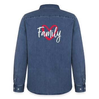 Family Heart - Men’s Organic Denim Shirt by Stanley/Stella - mid washy  - Back - AI Model Male 185 light (185cm)