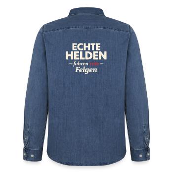Real Heroes Ride Red Rims – Agriculture - Men’s Organic Denim Shirt by Stanley/Stella - mid washy  - Back - AI Model Male 185 light (185cm)