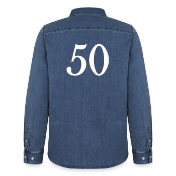 50. 50 YEARS. 50th ANNIVERSARY. 50 YEARS ANNIVERSARY. - Men’s Organic Denim Shirt by Stanley/Stella - mid washy  - Back - AI Model Male 185 light (185cm)