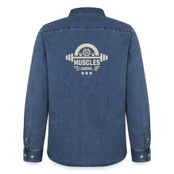 Muscles Loading...T-shirt - Men’s Organic Denim Shirt by Stanley/Stella - mid washy  - Back - AI Model Male 185 light (185cm)