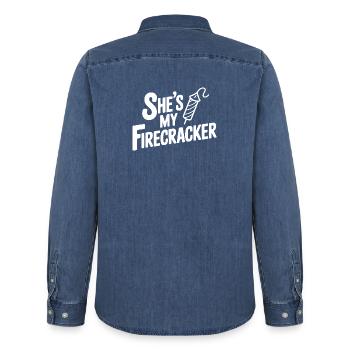 She's My Firecracker - Men’s Organic Denim Shirt by Stanley/Stella - mid washy  - Back - AI Model Male 185 light (185cm)