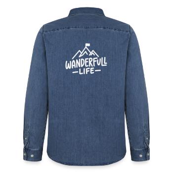 Wanderfull Life - Pun Hiking with Mountains - Men’s Organic Denim Shirt by Stanley/Stella - mid washy  - Back - AI Model Male 185 light (185cm)