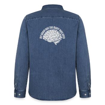 My Brain Has Too Many Tabs Open Lustig Grübeln - Men’s Organic Denim Shirt by Stanley/Stella - mid washy  - Back - AI Model Male 185 light (185cm)