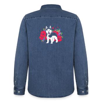 Husky sibérien - Chemise en denim homme bio Stanley/Stella - bleu moyen délavé  - Dos - AI Model Male 185 light (185cm)