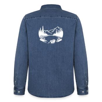 Lac de montagne minimaliste avec bateau à rames - Chemise en denim homme bio Stanley/Stella - bleu moyen délavé  - Dos - AI Model Male 185 light (185cm)