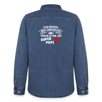 Humour capillaire super héros paternité - Chemise en denim homme bio Stanley/Stella - bleu moyen délavé  - Dos - AI Model Male 185 light (185cm)