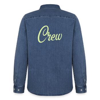Crew Script Pastellgrün - Männer Jeanshemd Organic von Stanley/Stella - verwaschenes Mittelblau  - Hinten - AI Model Male 185 light (185cm)