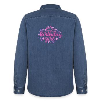 Birthday Girlie with Crown Heart Confetti - Men’s Organic Denim Shirt by Stanley/Stella - mid washy  - Back - AI Model Male 185 light (185cm)