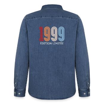 1999 Vintage Limited Edition - Men’s Organic Denim Shirt by Stanley/Stella - mid washy  - Back - AI Model Male 185 light (185cm)