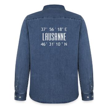 Lausanne Coordinates Typo Graphic - Men’s Organic Denim Shirt by Stanley/Stella - mid washy  - Back - AI Model Male 185 light (185cm)