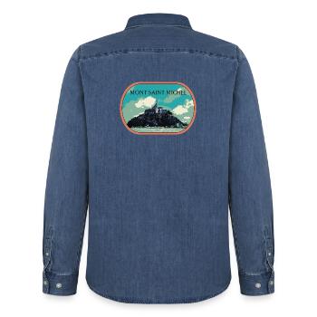 Illustration in blue and green of Mont Saint Michel - Men’s Organic Denim Shirt by Stanley/Stella - mid washy  - Back - AI Model Male 185 light (185cm)