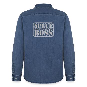 Constructeur de maquettes à l’échelle | Chars, avions, navires, loisirs - Chemise en denim homme bio Stanley/Stella - bleu moyen délavé  - Dos - AI Model Male 185 light (185cm)