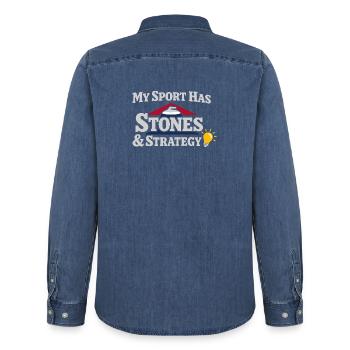 Curling Funny Sweep Hard Broom Cardio - Men’s Organic Denim Shirt by Stanley/Stella - mid washy  - Back - AI Model Male 185 light (185cm)