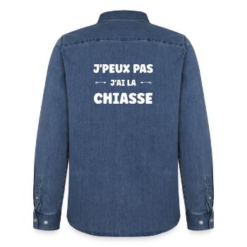 J'peux pas j'ai la chiasse - Chemise en denim homme bio Stanley/Stella - bleu moyen délavé  - Dos - AI Model Male 185 light (185cm)