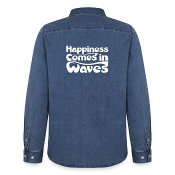 Waves of Happiness in Vintage Style - Men’s Organic Denim Shirt by Stanley/Stella - mid washy  - Back - AI Model Male 185 light (185cm)