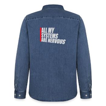 Tous mes systèmes sont nerveux, peur drôle, logo de nerd - Chemise en denim homme bio Stanley/Stella - bleu moyen délavé  - Dos - AI Model Male 185 light (185cm)