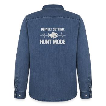 Hunt Mode Active | Piranha Angler Humor - Men’s Organic Denim Shirt by Stanley/Stella - mid washy  - Back - AI Model Male 185 light (185cm)