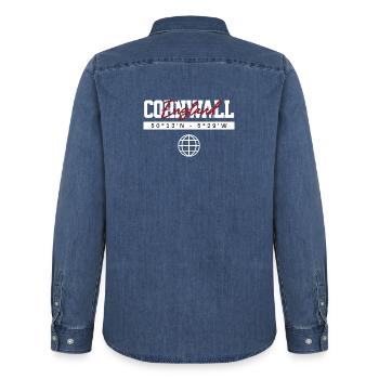 Cornwall England Koordinaten Reise Souvenir - Männer Jeanshemd Organic von Stanley/Stella - verwaschenes Mittelblau  - Hinten - AI Model Male 185 light (185cm)