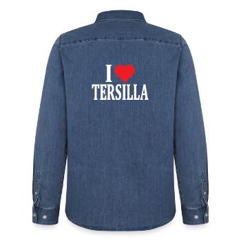 J’aime Tersilla t-shirt t-shirt idée cadeau - Chemise en denim homme bio Stanley/Stella - bleu moyen délavé  - Dos - AI Model Male 185 light (185cm)