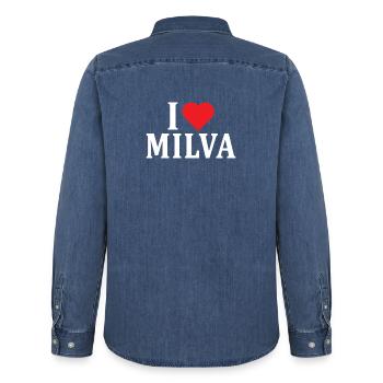 t-shirt name I love Milva t-shirt gift idea - Men’s Organic Denim Shirt by Stanley/Stella - mid washy  - Back - AI Model Male 185 light (185cm)
