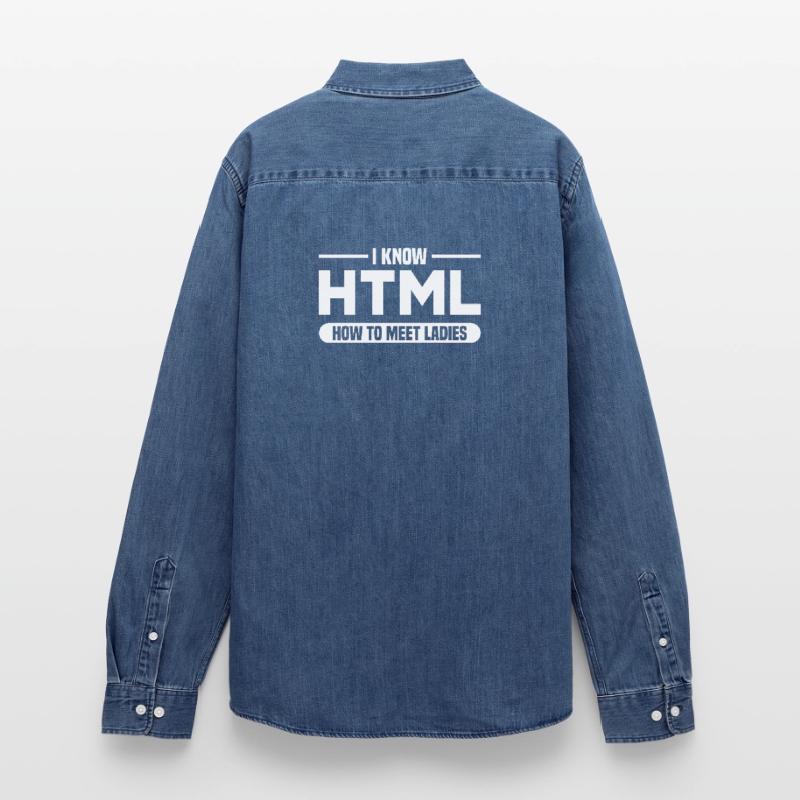 HTML Humor Code Programmer Saying Men’s Organic Denim Shirt by Stanley/Stella