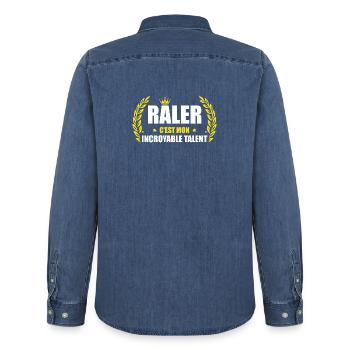 Râler c'est mon incroyable talent – humour râleur - Chemise en denim homme bio Stanley/Stella - bleu moyen délavé  - Dos - AI Model Male 185 light (185cm)