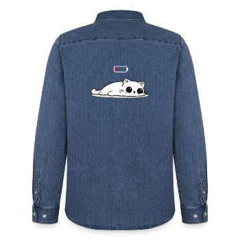 Battery Low – Cute Cat in Social Battery Mode - Men’s Organic Denim Shirt by Stanley/Stella - mid washy  - Back - AI Model Male 185 light (185cm)