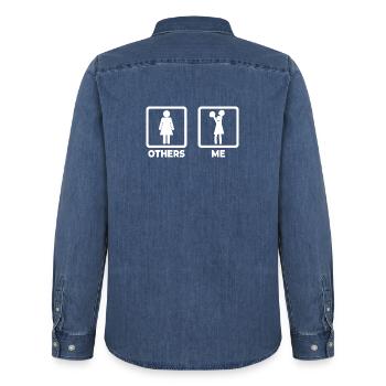 Cheerleader stick figure - Men’s Organic Denim Shirt by Stanley/Stella - mid washy  - Back - AI Model Male 185 light (185cm)