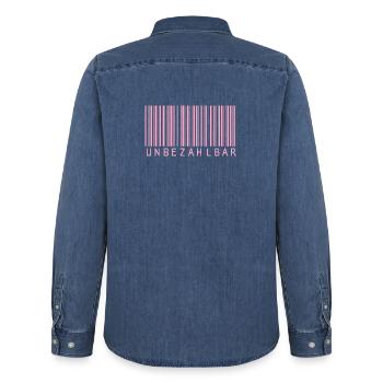 Barcode Rosa "UNBEZAHLBAR"  - Männer Jeanshemd Organic von Stanley/Stella - verwaschenes Mittelblau  - Hinten - AI Model Male 185 light (185cm)